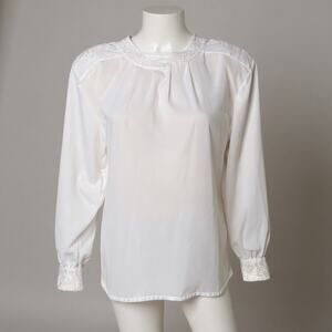 1980s Yves St. Clair white long-sleeved blouse embroidered collar & cuffs Large